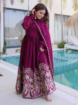 Rajwada Deep Magenta Silk Blend Embroidered Gown For Women