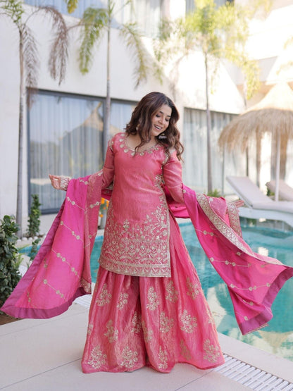 Rajwada Pink Silk Blend Embellished Stitched Kurta Set For Women
