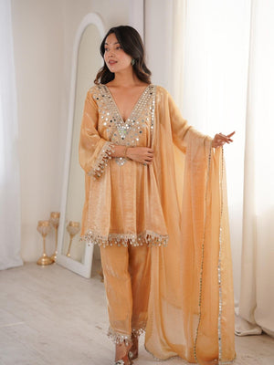 Rajwada Gold Silk Blend Embellished Stitched Kurta Set For Women