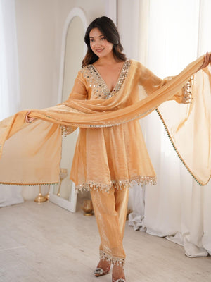 Rajwada Gold Silk Blend Embellished Stitched Kurta Set For Women