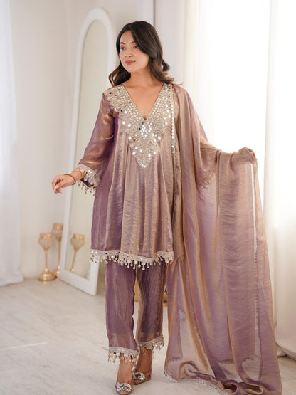 Rajwada Mauve Silk Blend Embellished Stitched Kurta Set For Women