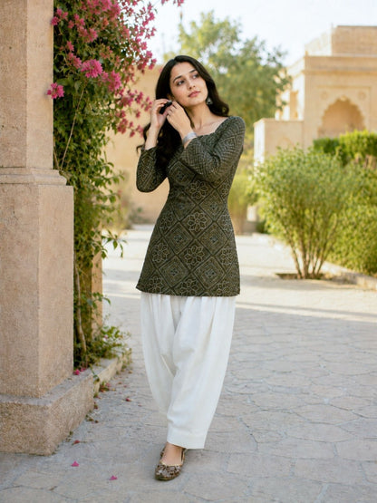 Rajwada Olive Green Cotton Solid Stitched Kurta Set For Women