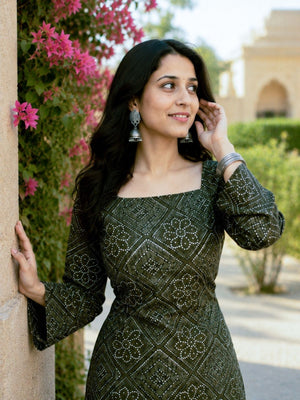 Rajwada Olive Green Cotton Solid Stitched Kurta Set For Women
