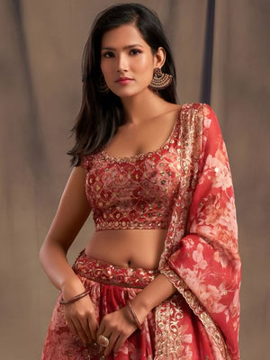 Rajwada Red Organza Embellished Lehenga For Women