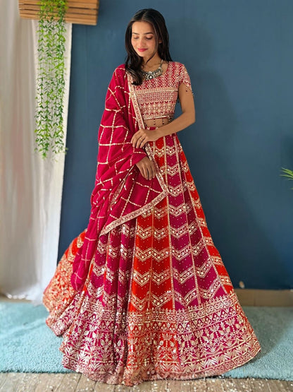 Rajwada Orange And Pink Georgette Embellished Lehenga For Women