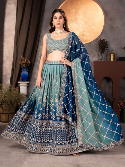 Rajwada Navy Blue And Sea Green Georgette Embellished Lehenga For Women