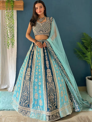 Rajwada Teal Blue And Sky Blue Georgette Embellished Lehenga For Women