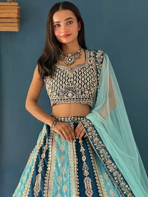 Rajwada Teal Blue And Sky Blue Georgette Embellished Lehenga For Women