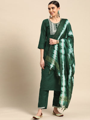 Rajwada Women Bottle Green Poly Cotton Embroidered Stitched Kurta With Trouser & Dupatta