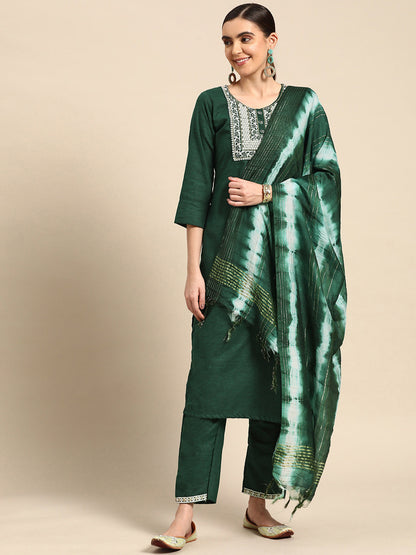 Rajwada Women Bottle Green Poly Cotton Embroidered Stitched Kurta With Trouser & Dupatta