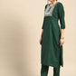 Rajwada Women Bottle Green Poly Cotton Embroidered Stitched Kurta With Trouser & Dupatta