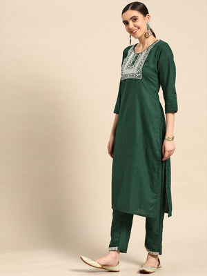Rajwada Women Bottle Green Poly Cotton Embroidered Stitched Kurta With Trouser & Dupatta