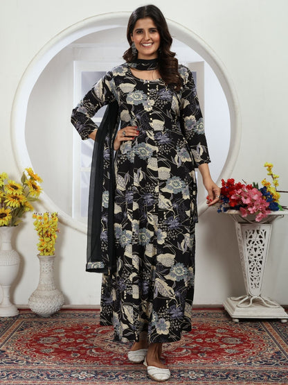 Rajwada Black Rayon Printed Kurti For Women
