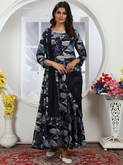 Rajwada Navy Blue Rayon Printed Kurti For Women