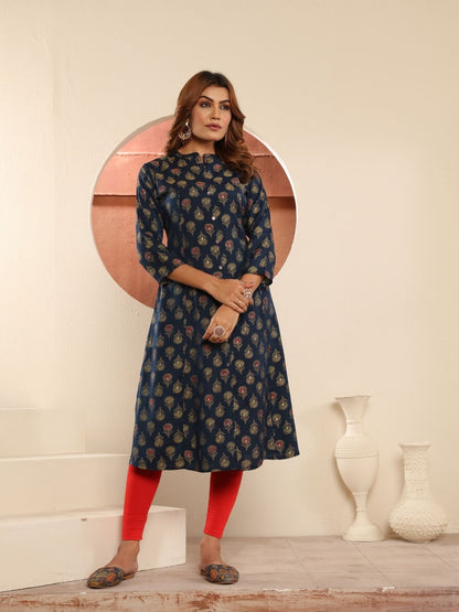 Rajwada Navy Blue Cotton Blend Printed Kurti For Women