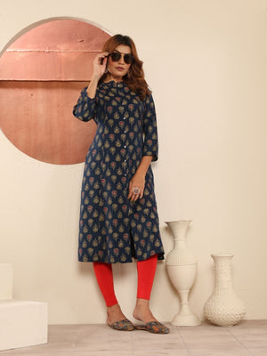 Rajwada Navy Blue Cotton Blend Printed Kurti For Women
