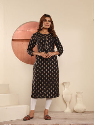 Rajwada Black Cotton Blend Printed Kurti For Women