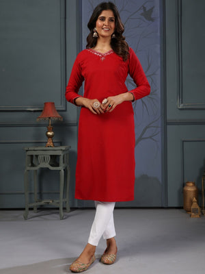 Rajwada Red Cotton Blend Solid Kurta For Women