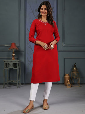 Rajwada Red Cotton Blend Solid Kurta For Women