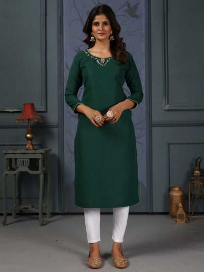 Rajwada Dark Green Cotton Blend Solid Kurta For Women