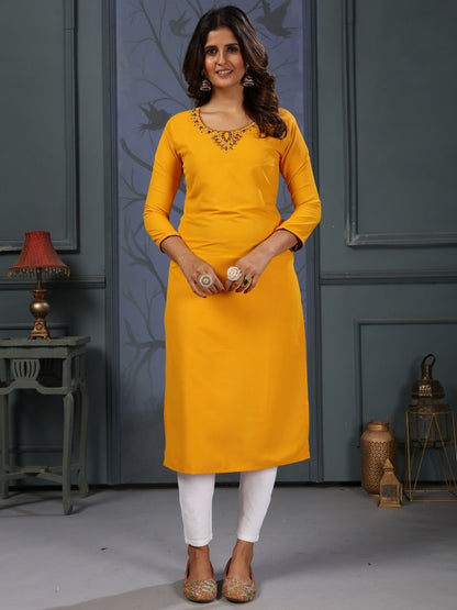 Rajwada Yellow Silk Blend Solid Kurta For Women
