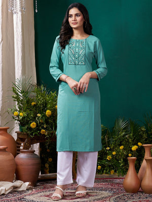 Rajwada Sea Green Cotton Blend Solid Kurta For Women