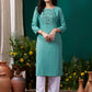 Rajwada Sea Green Cotton Blend Solid Kurta For Women