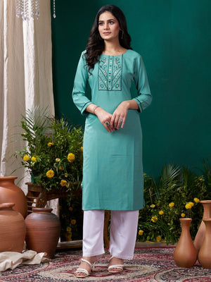 Rajwada Sea Green Cotton Blend Solid Kurta For Women