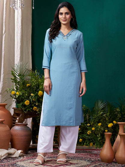 Rajwada Pastel Blue Cotton Blend Solid Kurta For Women