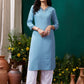 Rajwada Pastel Blue Cotton Blend Solid Kurta For Women