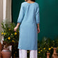 Rajwada Pastel Blue Cotton Blend Solid Kurta For Women
