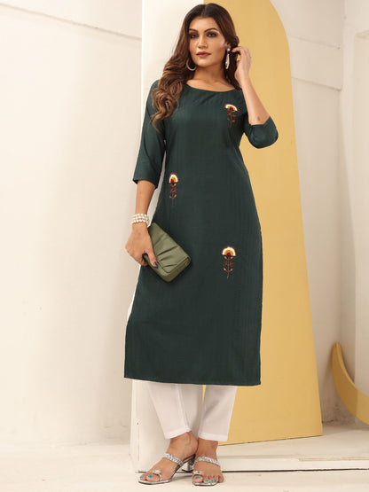 Rajwada Dark Green Silk Blend Solid Kurta For Women