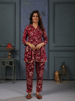 Rajwada Maroon Cotton Blend Printed Co Ord Set For Women