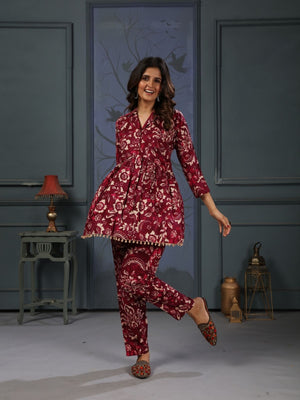 Rajwada Maroon Cotton Blend Printed Co Ord Set For Women
