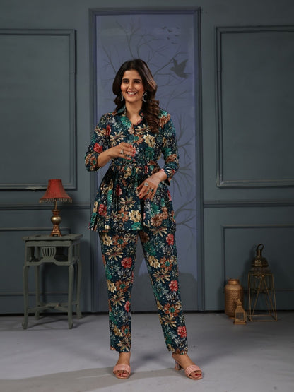 Rajwada Blue Cotton Blend Printed Co Ord Set For Women