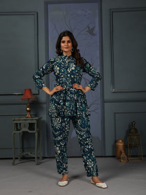 Rajwada Navy Blue Cotton Blend Printed Co Ord Set For Women