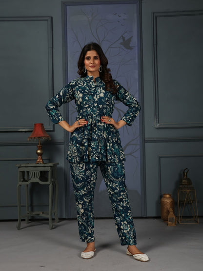 Rajwada Navy Blue Cotton Blend Printed Co Ord Set For Women