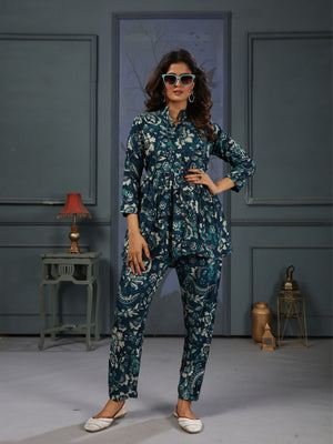 Rajwada Navy Blue Cotton Blend Printed Co Ord Set For Women