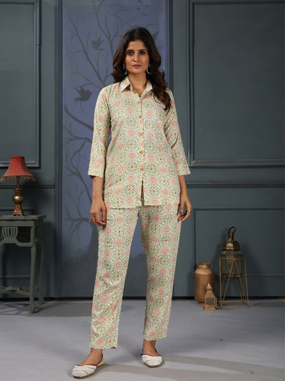 Rajwada Light Green Cotton Blend Printed Co Ord Set For Women