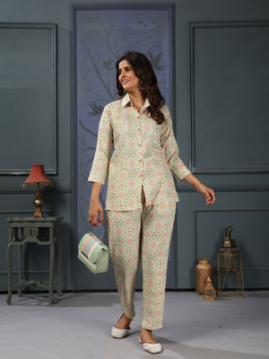 Rajwada Light Green Cotton Blend Printed Co Ord Set For Women