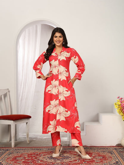 Rajwada Red Cotton Blend Printed Kurta Set For Women