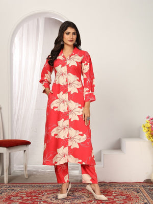 Rajwada Red Cotton Blend Printed Kurta Set For Women
