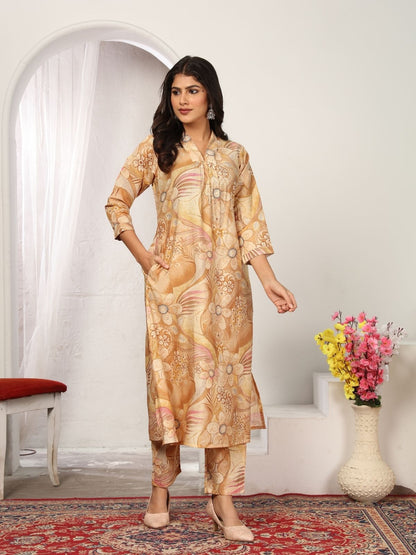 Rajwada Beige Cotton Blend Printed Kurta Set For Women