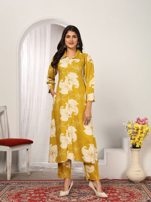Rajwada Mustard Yellow Cotton Blend Printed Kurta Set For Women