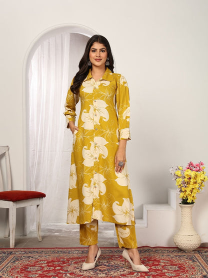 Rajwada Mustard Yellow Cotton Blend Printed Kurta Set For Women