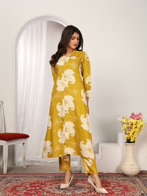 Rajwada Mustard Yellow Cotton Blend Printed Kurta Set For Women