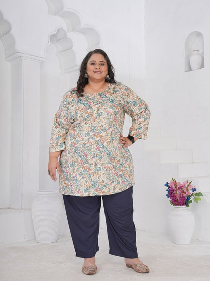 Rajwada Off White And Multicolor Cotton Blend Printed Kurti For Women