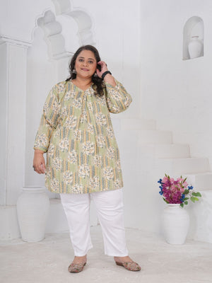 Rajwada Light Green Cotton Blend Printed Kurtisss For Women