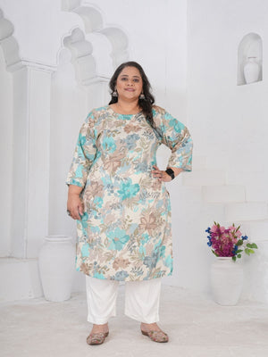 Rajwada Off White And Blue Cotton Blend Printed Kurti For Women
