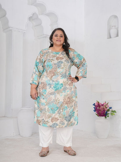 Rajwada Off White And Blue Cotton Blend Printed Kurti For Women